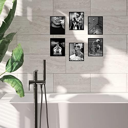 Divat Wall Art Fürdőszoba Fali Dekor Nyomatok Készlet 6 Fekete-Fehér Glam Csillogó Vászon Plakátok, Fotók,