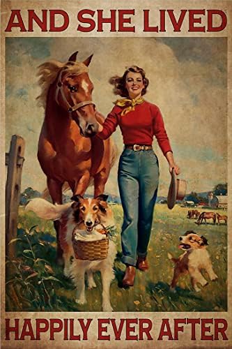 Fém Tin Retro Jel - Vintage Lány a Ló meg a Kutya Fém Poszter, Élt Boldogan Fém Poszter, Vintage Művészet,