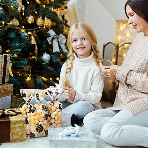 100 Db Fekete-Arany Celofán Csomagokat Karácsonyi Celofán Szívességet Táskák Xmas Cselló Candy Táskák